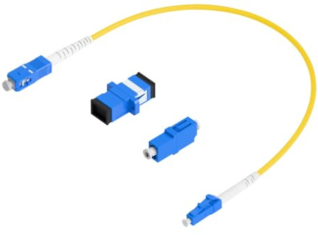 Conectra® - Juego de cables de fibra óptica con adaptadores adecuados | OS2 | LC/UPC a SC/UPC | Color Amarillo | Singlemode | Simplex | ideal para redes FTTH domésticas (longitud 25 cm)