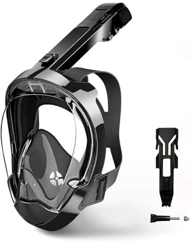 Riebex Maschera subacquea per adulti, con maschera integrale a 180°, anti-appannamento ad alta definizione, antiCO2, con custodia, per snorkeling (nero, S/M)