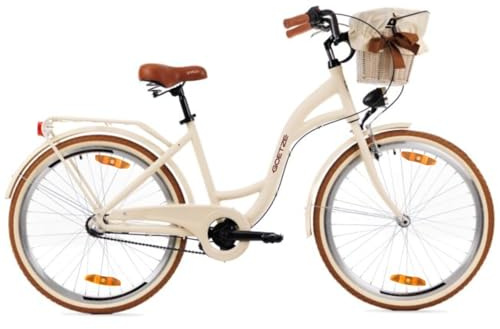 Goetze Style 26 Zoll Jugend Citybike, 17 Zoll Tiefeinsteiger Aluminiumrahmen, 3-Gang Nabenschaltung, Rücktrittbremse, V-Bremse vorne, LED-Beleuchtung, Rattankorb, Komfortsattel, mit Ständer & Klingel