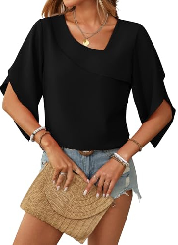 LEKOPUR Camicetta da donna in chiffon, maniche a 3/4, elegante, scollo a V, per feste, abbigliamento tunica, camicette da donna, Nero , XXL