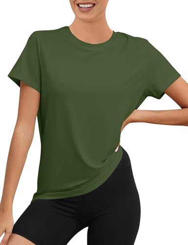 Rapbin T-shirt de sport femme à manches courtes, UPF 50+ basique léger respirant sec fonctionnel hauts de sport femme col rond t-shirt de sport femme ample pour fitness t-shirt de course yoga, Vert