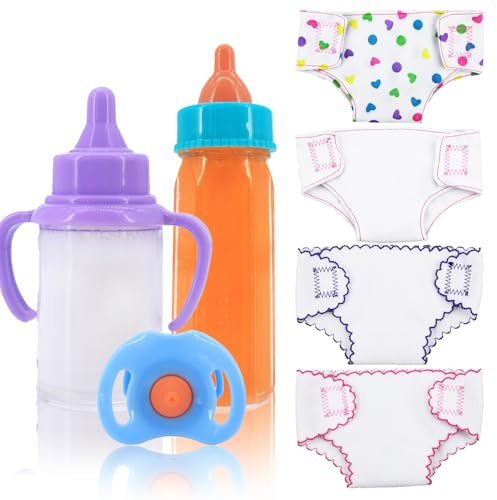 QSKJJI 7 Pcs Baby Doll Accessories, 4 Doll Diapers for 14-18 Inch Doll, Magic Disappearing Milk & Juice Bottles with Toy Pacifier for Reborn Baby Doll Diapers and Feeding Bottle Toys Reusable