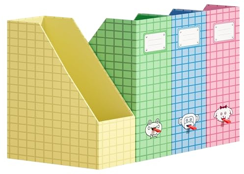 JiaWei Lot de 4 Porte revues, robuste fond, en carton extra robuste de 2150 g/m², 10,5 cm de large, porte-revues A4, pour la maison, le bureau et l'école – Multicolore