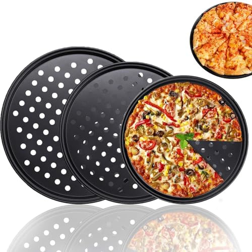 mumisuto Non-Stick Pizza Baking Pan, Carbon Steel Round Mesh Tray Set of 3, Perforated Dough Tray Pans with Holes for Even Heating, Dishwasher and Fridge Safe for Home Kitchen and Restaurant Use