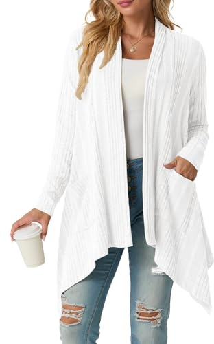 GRECERELLE Cardigan Femme Long Manches Longues Cardigan Tricot Léger Avec Poches, Ourlet Asymétrique Doux Tombant, Blanc., M