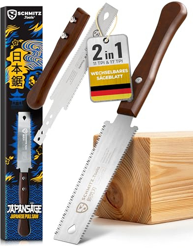 SCHMITZ.Tools Japansäge Handsäge Holz - Japanische Zugsäge - Extrem scharf, Doppelseitig 11/17 TPI - Japan Säge - Glatte & kontrollierte Schnitte - Japanese Saw – Japansäge Klein - Dunkler Griff