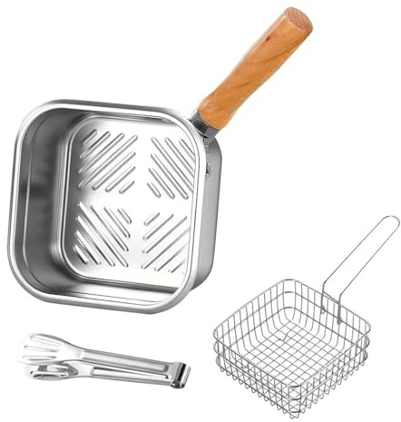 Square Chip Pan with Basket and Tongs,Stainless Steel Deep Fryer Pot | for Induction Gas,Multifunctional Kitchen Gadgets,Oil Saving Small Fryer for Frying Fish Shrimp Chicken and Fries,Easy Clean
