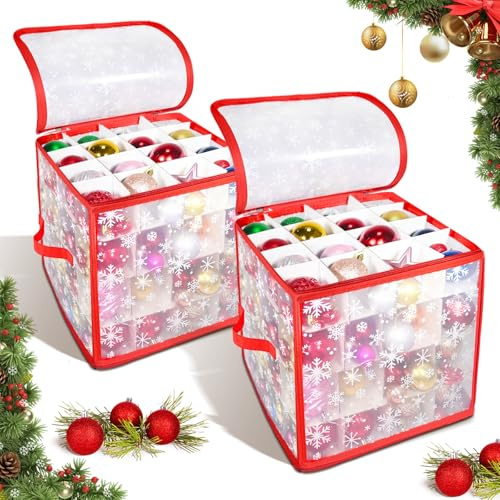 HILKKET Aufbewahrungsbox für Weihnachtskugeln, 2 Weihnachtskugel Box, Christbaumkugeln Aufbewahrung, Weihnachtskugeln Aufbewahrung mit Verstellbaren Trennwänden, 64 Fächer, 4 Ebenen(Rot 2)