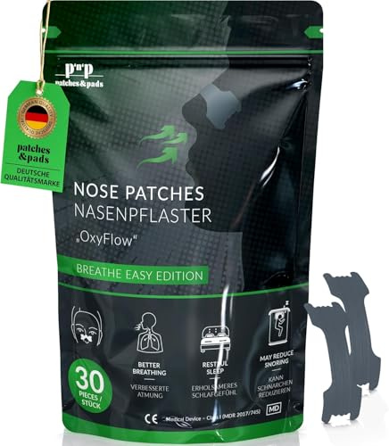 Patches&Pads Nasenpflaster „OxyFlow“ – 30 Stück | Sicherer Halt, angenehmes Tragegefühl, flexibel, hautfreundlich | Entwickelt in Deutschland | bessere Atmung bei Sport, Schlaf & Alltag