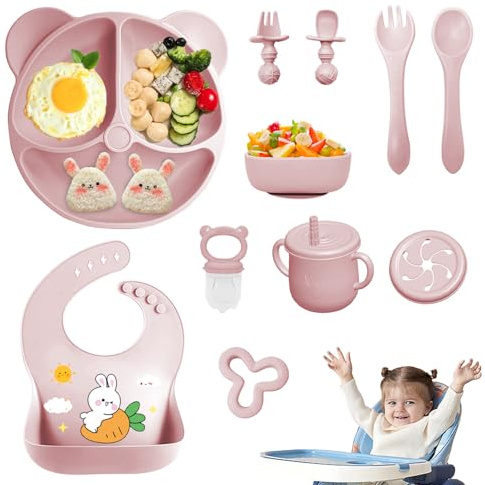 11 Pezzi Set Pappa Svezzamento, Svezzamento Set Silicone Piatto con Ventosa Piatto Ciotola Tazza Bavaglino Cucchiaio Forchetta, Set di Posate per Bambini per Lo Svezzamento e L'Alimentazione (Rosa1)