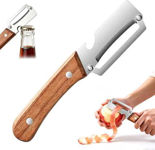 Multifunctional Vegetable Peeler, Wooden Handle Peeler for Kitchen, 2-in-1 Stainless Steel Peeler with Bottle Opener, for Fruit, Apple, Potato, Carrot Pumpkin, Papaya