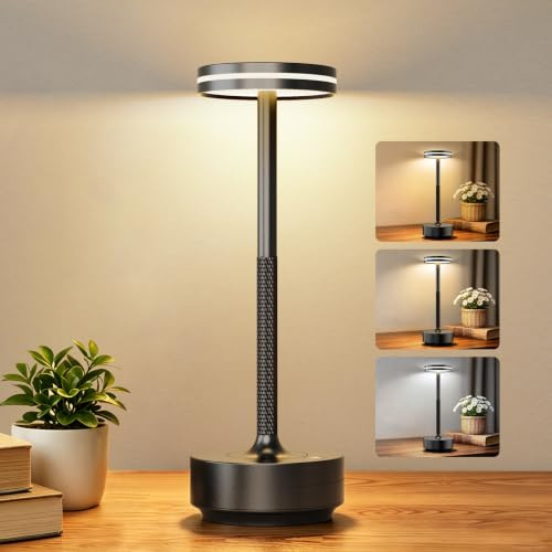 Görvitor Aluminium LED Tischlampe Kabellos, IP54 Wasserdicht 5000mAh Tischlampe Akku mit 3 Farbtemperaturen, Nachttischlampe Touch ohne Kabel mit Memory Funktion für Nachttisch Terrasse (Schwarz)