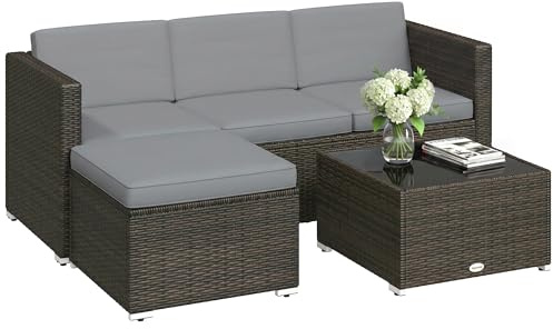 Outsunny 3 Piece Rattan Garden Furniture Set, Garden Corner Sofa, All-Weather Handwoven PE Wicker Sectional Sofa Set with Tempered Coffee Table, Ottoman, Washable Cushions, Brown