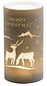 Konstsmide LED Laterne Rentier, Weihnachtsmann und Schlitten, wassergefüllt, Zylinderform, 5h Timer, warm weiße Diode, batteriebetrieben, Innen - 4354-200