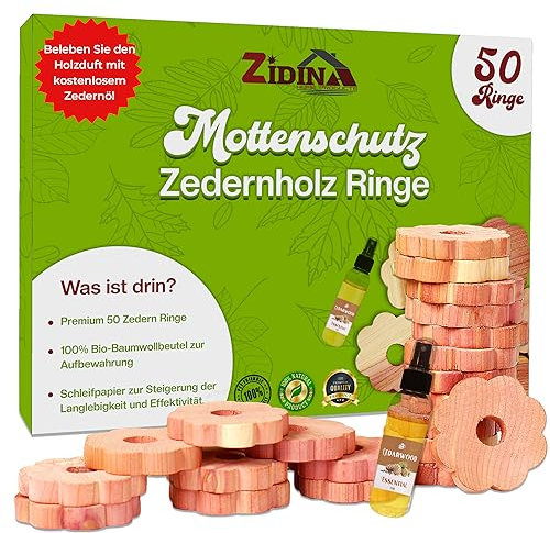 Mottenschutz für Kleiderschrank by Zidina | 50x Premium Bio Mittel gegen Motten Zedernholz | Zederholzöl Mini-Flasche 4,5ml inklusive | ideal für duftende Garderobe | chemikalienfreie Mottenfalle