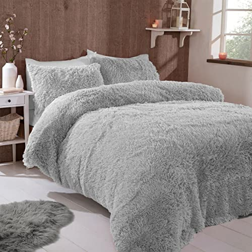 FAUX FUR SHAGGY Long Pile Face, Soft Touch Plush Fleece Reverse, Duvet Cover Set with Pillow Case Thermal Fluffy Winter Warm Cozy Cuddly Bedding Bed Set (Silver, Double)