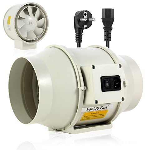 FanGoFast Rökfläkt, 200 mm inline-kanalfläkt, frånluftsfläkt, 1,5 V, tyst, med 1,5 m lång elkabel med eurokontakt, för badrum, kontor och odlingsrum
