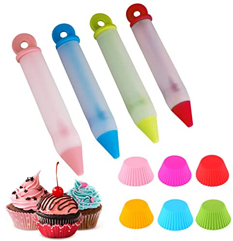 Icing Pens, 4 Pack Cake Pens, Silicone Cake Decorating Kit with 6 PCS Muffin Cases, Pen Tip with 4 Patterns for Cake Icing, Baking and DIY