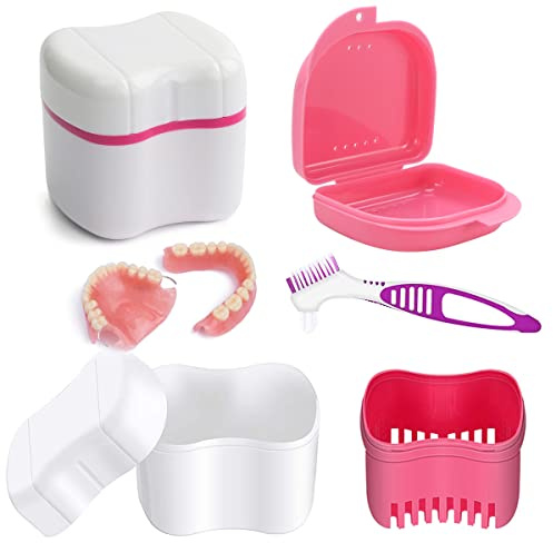 Boîte De Dentiers, Nettoyage De Dentiers Boîtes, Étui De Bain De Prothèses Avec Brosse, Kit De Nettoyage Pour Prothèses, Boîtes Dentier + Brosses De Nettoyage Pour Dentier, Rose