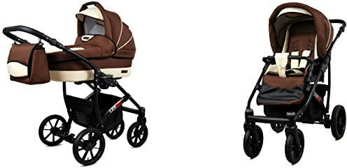 BabyLux Largo 2-in-1 Baby Kinderwagen Tief und Kinderwagen mit Zubehör Verstellbar und faltbar Aluminiumkonstruktion Wasserdicht Nicht abnehmbare Räder Brown Cream Black Frame