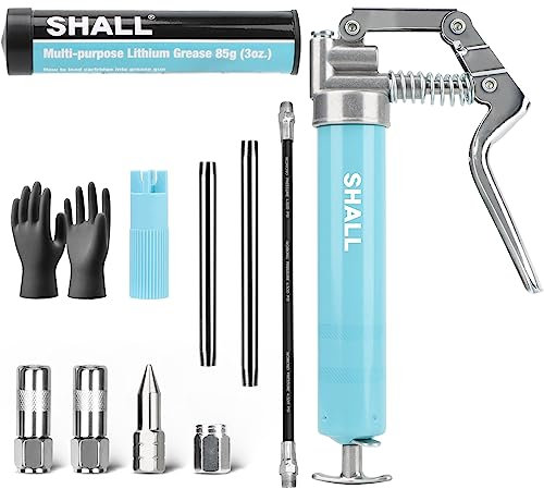 SHALL Mini pistola per grasso, kit piccola pistola per grasso (capacità 3,52 OZ, 3000 PSI) ugello affilato, adattatore di estensione, guanto in PVC rinforzato e detergente per raccordi Zerk