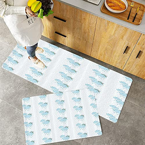 Küchenteppich Teppich Läufer Küchenläufer 2 Stück rutschfest,Ich liebe dich, Blue Valentine Cloud Charaktere mit Herzen und Regenbogen Süße Paare, Teal, Waschbar für Flur Küche 40 x 100 cm+40 x 60 cm