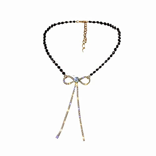 Dishowme Perle Arc Cristal Pendentif Collier Strass Arc-Noeud Glands Y-Forme Collier Chaîne Faux Perle Papillon Noeud Bijoux pour Femmes Filles (Noir)