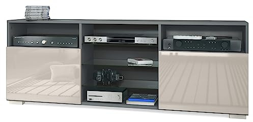 Vladon TV-Board Granada, Lowboard mit 2 Türen und 6 offenen Fächern, Korpus Anthrazit matt, Fronten in Sandgrau Hochglanz (146 x 54 x 35 cm)