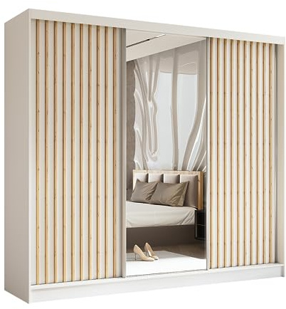 Margaret Hadas24 Kleiderschrank Erika mit Lamellen und Spiegel, Organizer, Mehrzweckschrank, Schwebetürenschrank, Garderobenschrank, Kleiderstange, Kleiderständer, Flurschrank, 240 cm, weiß, braun