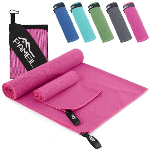 Pameil Toalla Gimnasio Juego de 2 (Toalla Microfibra 160x80 cm + Toalla Pequeña 80x40 cm), Compactas y de Secado Rápido-Toallas Gimnasio Deportes y Fitness (Rosa Rojo)