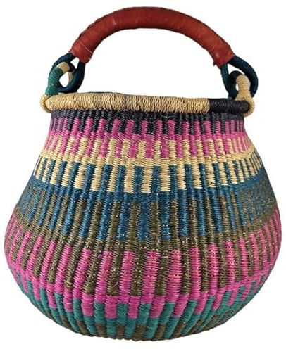 Bolga Gambigo Afrika - XXL - Das Original aus Ghana - Bunt - Fair Trade - Rund - Viele Farben - Afrikanischer Graskorb mit Ledergriff - Flechtkorb 30-40 cm - Rundkorb mit Wunschdesign (Morago)