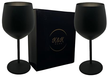 K&K Home Copas de vino negro mate irrompibles de acero inoxidable negro – 18 onzas – Juego de 2 copas de vino de metal de colores, perfectas para exteriores, bodas y fiestas