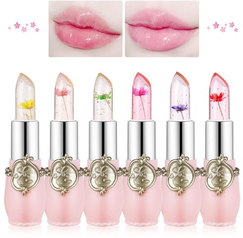 LOPHE Flower Jelly Lippenstift Set, 6 Stück Magic Temperature Farbwechsel Lippenbalsam Lipgloss, Langanhaltende Feuchtigkeitscreme Kristall Blumengelee Lippenstift Makeup Set (6PCS)