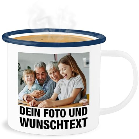 Emaille Becher Blechbecher - Mit Foto I Eigenem Bild I Text I Name I Wunschtext - 300 ml - Weiß Blau - foto-becher fototasse selbst drucken photo tasse personalized enamel mug tassen bedrucken