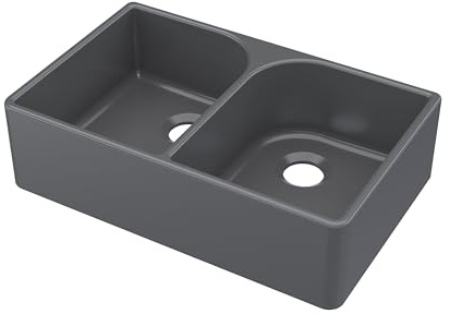 Balterley 795mm Butler Kitchen Sink, Black Double Bowl Flush Weir, No Tap Hole, Durable Butler Fireclay Ceramic Kitchen Sink Bowl, Large Apron Front Farmhouse Sinks - 795 x 500 x 220mm (Dark Grey)