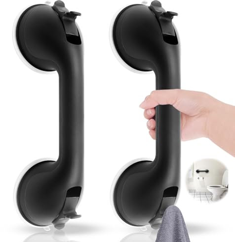 cersaty 2 Stk Haltegriffe für Senioren, Tragend 100kg Haltegriff Dusche Ohne Bohren Duschgriffe für Senioren Duschgriff mit Saugnapf Badewannengriff, Griffstangen Schwarz