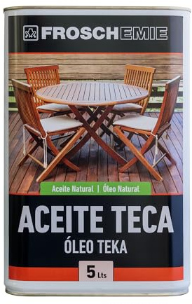 Aceite de Teca Natural FROSCHEMIE con Ingredientes naturales | Fácil aplicación, filtro solar y repelente al agua | Enriquece la madera | Protege de la intemperie | Incoloro 5L