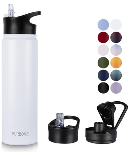 MURBONE Insulated Water Bottle, 750ml Stainless Steel Drink Flask with Straw, BPA Free, 2 Lids (Straw Lid and Spout Lid), Leakproof Double Walled Vacuum Water Bottle, White