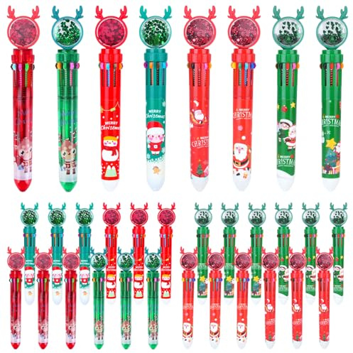 SHAIDOJIO 24 Stück Weihnachten Kugelschreiber, 10-in-1 Mehrfarbiger Weihnachten Ballpoint Pen, Niedlich Cartoon Kugelschreiber, Einziehbarer Weihnachten Thema Stifte für Schule Bürobedarf Geschenk