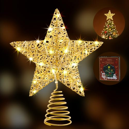WHOLEV Stella Dell'Albero Di Natale D'Oro 25cm Con Timer, Alimentata a Batteria o USB, 20 Luci LED per Decorazioni Festive e Casa