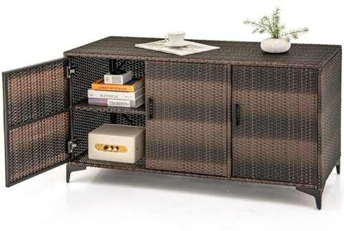 RELAX4LIFE 84-Gallon Outdoor Storage Box - Wicker Rattan 3-Door Patio Storage Cabinet Container w/Removable Shelves for Cushions, Garden Tools, Pool & Sports Equipment, Indoor Outdoor Deck Box (Brown)