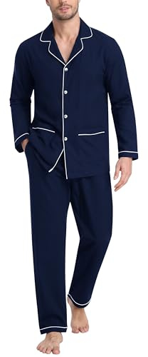 MoFiz Pijamas Largo Hombre Invierno Algodón Conjunto de Pijama con Botones a Cuadros Suave Ropa de Dormir Manga Larga Camisetas de Pijama y Pantalones con Bolsillos Azul Marino EU L