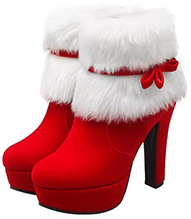 SOIMISS Christmas Booties Women Warm Ankle Boots Boots High Heels Xmas Boot High Heel Outdoor Ankle Booties Santa Shoes Booties for Women Chunky Heel Shoe Lining Fiber Red