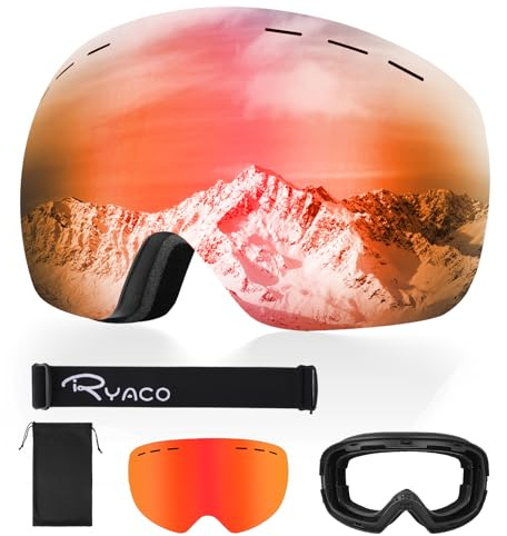 Ryaco Skibrille Snowboardbrille, 100% UV-Schutz Anti-Nebel OTG Sphärische Schneebrille für Brillenträger, Schlagfeste Linse Schneesportbrille für Herren, Damen, Jugendliche, Jungen, Mädchen