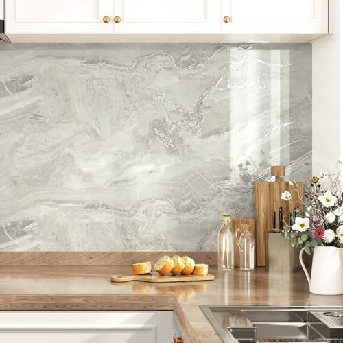 HotDecor Kitchen Worktop Covering Vinyl Self Adhesive Beige and Silver Marble Wallpaper Kitchen Vinyl Wrap for Cupboards Sticky Back Glossy Cream Marble Wallpaper Adhesive Table Cover 40cm x 200cm