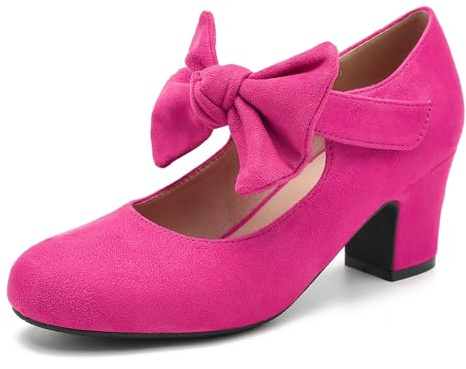 Peijely Women's Bow Mary Jane Chunky Heel Pumps Ankle Strap Round Toe Dress Wedding Party Shoes
