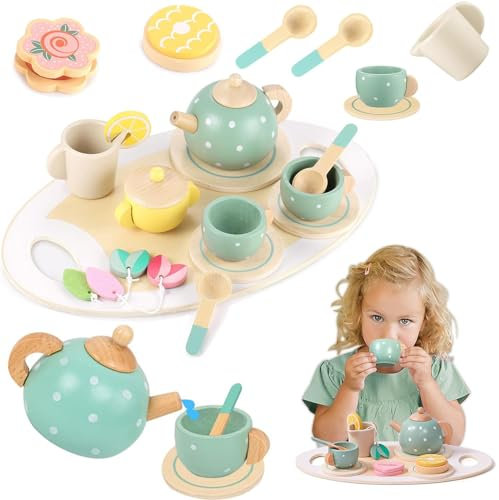 Mailfull Teeservice Kinder Holz Kinderküche Zubehör Teeparty Spielküche Rollenspiele Tee Service Set Kinder Spielküche Zubehör Geschenk für Kinder Mädchen Jungen