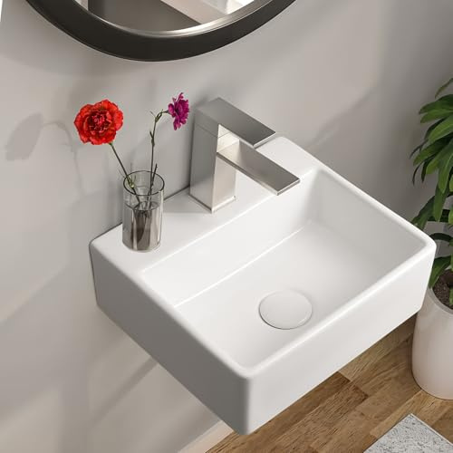 Warmiehomy Bathroom Vessel Ceramic Sink Wall Mounted,Rectangle Ceramic Basin with Waste Drainer Fixing Kit for Bathroom Cloakroom (White,32x29x11cm)