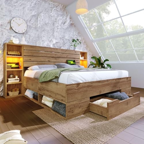 Dolamaní Doppelbett 160×200 cm Bettgestell Lattenrost aus Holz, Bett mit Schubladen, Stauraum-Kopfteil, Stauraumbett aus Eiche (Eiche)