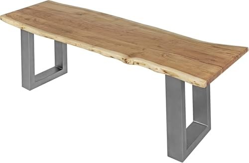 SAM Esszimmerbank Chicago 100x42 cm Akazie Natur U-Gestell Silber | Baumkantenbank massiv, Akazienholz naturfarben, 26 mm Platte, echte Baumkante, Massive Holzbank, Sitzbank